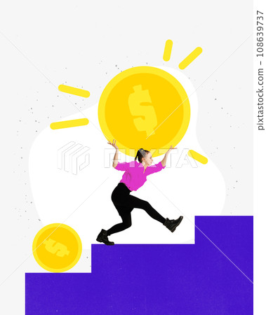 Poster. Contemporary art collage. Modern creative artwork. One woman going up on stairs carrying huge money coin for financial security. 108639737