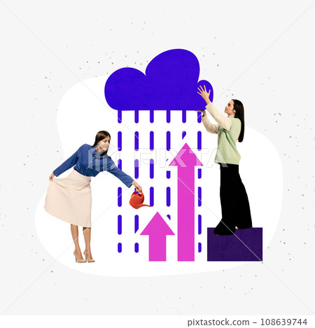 Poster. Contemporary art collage. Modern creative artwork. Young business lady near rainy cloud and arrows under it have growth. 108639744