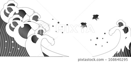 Ink painting/Ukiyo-e style illustration of crashing waves and plover (black) 108640295