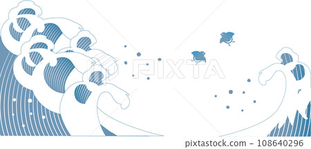 Ink painting/Ukiyo-e style illustration of crashing waves and plover (blue) 108640296