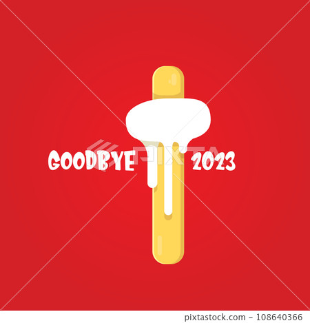 vector goodbye 2023 hello 2024 year vector concept illustration with melt ice cream isolated on red background. End of the 2023 year background or poster 108640366