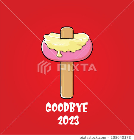 vector goodbye 2023 hello 2024 year vector concept illustration with melt ice cream isolated on red background. End of the 2023 year background or poster 108640378