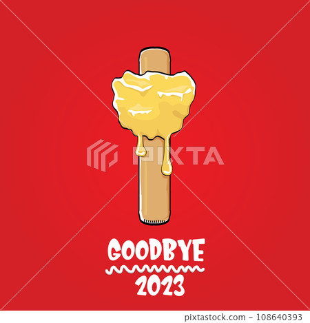 vector goodbye 2023 hello 2024 year vector concept illustration with melt ice cream isolated on red background. End of the 2023 year background or poster 108640393