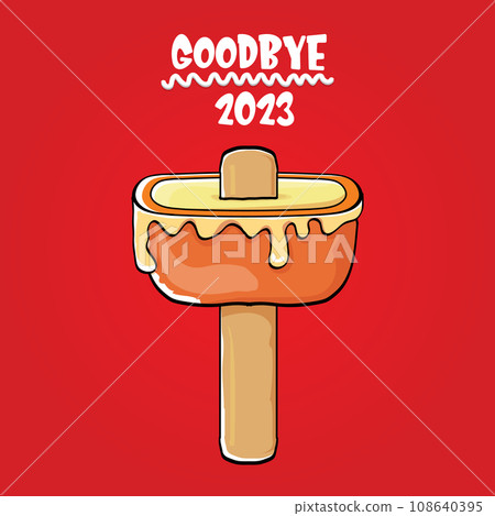 vector goodbye 2023 hello 2024 year vector concept illustration with melt ice cream isolated on red background. End of the 2023 year background or poster 108640395