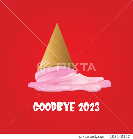 vector goodbye 2023 hello 2024 year vector concept illustration with melt ice cream isolated on red background. End of the 2023 year background or poster 108640397