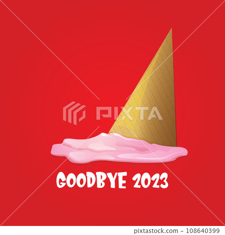 vector goodbye 2023 hello 2024 year vector concept illustration with melt ice cream isolated on red background. End of the 2023 year background or poster 108640399
