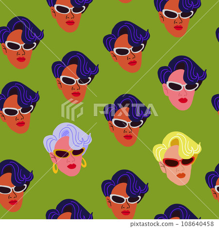 Vector seamless pattern with stylish woman in glasses with colorful hair. Fashion woman face pattern on green. Vector illustration Vector seamless pattern with stylish woman in glasses with colorful hair. Fashion woman face pattern on green. Vector illustration 108640458