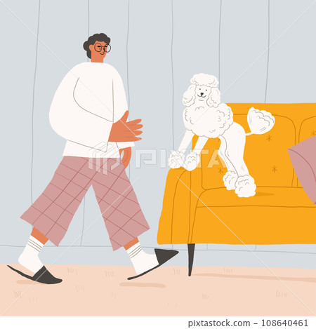 Illustration with man at home with white doodle dog. Cozy home couple illustration. Dog sitting on the vouch. Man in slippers. Home living room scene. Vector illustration Illustration with man at home with white doodle dog. Cozy home couple illustration. Dog sitting on the vouch. Man in slippers. Home living room scene. Vector illustration 108640461