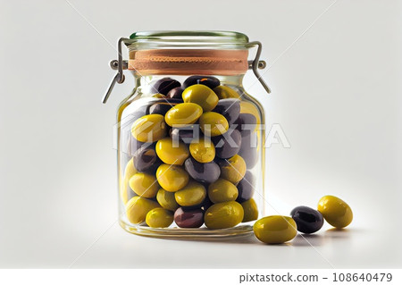 Green olives with leaves on white background. Generative Ai 108640479