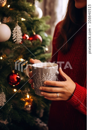 Woman hands in warm sweater holding stylish mug at illumination bokeh 108640515