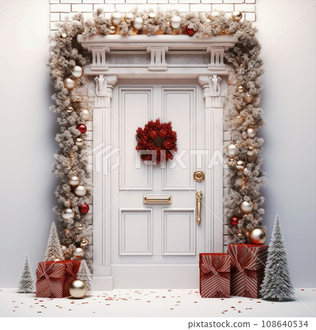 A wooden door decorated for Christmas isolated on white background. 108640534