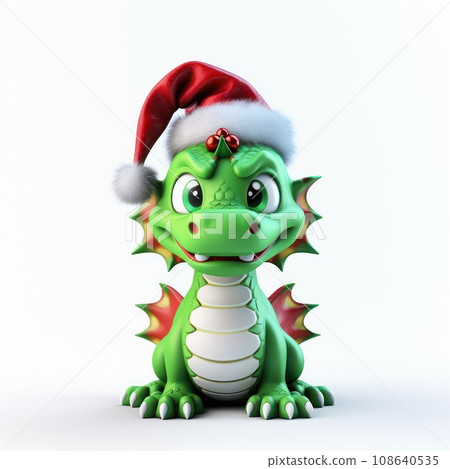 Cute dragon with christmas hat isolated in White background. New Year 2024 art. Cute dragon with christmas hat isolated in White background. New Year 2024 art. 108640535
