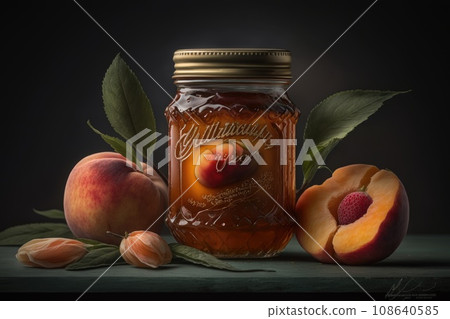 Jar of peach Jam on wooden background. Jar of peach Jam on wooden background. 108640585