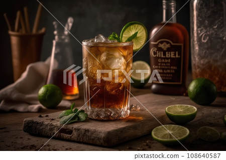 Cuba Libre cocktail. Dark Background 108640587