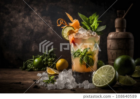 Cocktail with mint and lemon slice. Dark Background Cocktail with mint and lemon slice. Dark Background 108640589