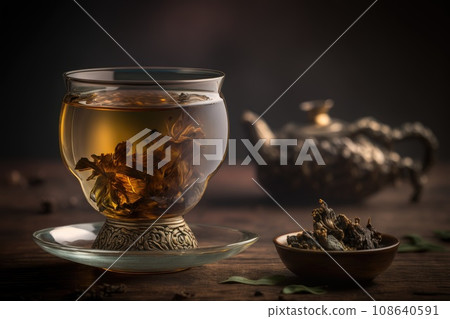 Oolong tea in a cup and leaves on the table. Glass mug. Oolong tea in a cup and leaves on the table. Glass mug. 108640591
