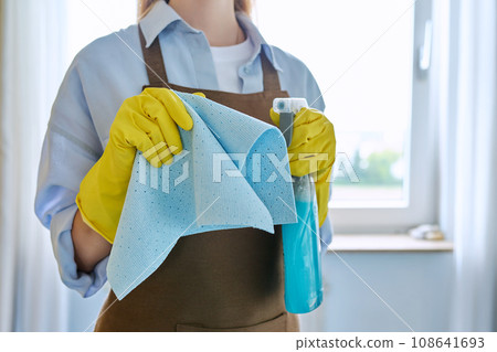 Close-up of woman's hands in gloves with rag detergent spray for cleaning windows 108641693