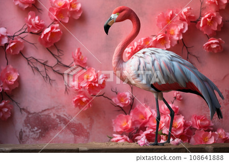 Pink flamingo with exotic flowers Pink flamingo with exotic flowers 108641888