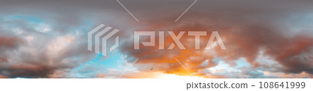 Dramatic sunset sky panorama with bright glowing red pink Cumulus clouds. HDR 360 seamless spherical panorama. Sky dome in 3D, sky replacement for aerial drone panoramas. Weather and climate change. Dramatic sunset sky panorama with bright glowing red pink Cumulus clouds. HDR 360 seamless spherical panorama. Sky dome in 3D, sky replacement for aerial drone panoramas. Weather and climate change. 108641999