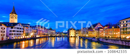 Beautiful night view of historic city center of Zurich, Switzerland. 108642335