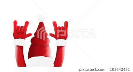 Merry christmas horizontal banner with Santa Claus rock n roll style and santa red hat isolated on white background. Merry Christmas hipster Rock n roll party poster or flyer design template. 108642431