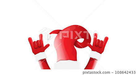 Merry christmas horizontal banner with Santa Claus rock n roll style and santa red hat isolated on white background. Merry Christmas hipster Rock n roll party poster or flyer design template. Merry christmas horizontal banner with Santa Claus rock n roll style and santa red hat isolated on white background. Merry Christmas hipster Rock n roll party poster or flyer design template. 108642433