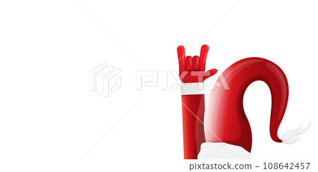 Merry christmas horizontal banner with Santa Claus rock n roll style and santa red hat isolated on white background. Merry Christmas hipster Rock n roll party poster or flyer design template. Merry christmas horizontal banner with Santa Claus rock n roll style and santa red hat isolated on white background. Merry Christmas hipster Rock n roll party poster or flyer design template. 108642457