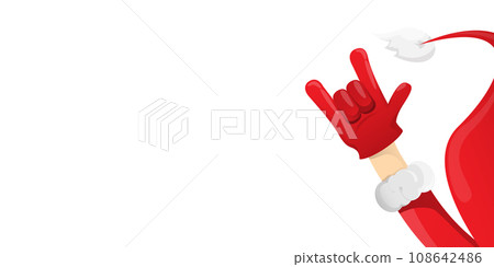 Merry christmas horizontal banner with Santa Claus rock n roll style and santa red hat isolated on white background. Merry Christmas hipster Rock n roll party poster or flyer design template. Merry christmas horizontal banner with Santa Claus rock n roll style and santa red hat isolated on white background. Merry Christmas hipster Rock n roll party poster or flyer design template. 108642486