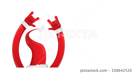 Merry christmas horizontal banner with Santa Claus rock n roll style and santa red hat isolated on white background. Merry Christmas hipster Rock n roll party poster or flyer design template. Merry christmas horizontal banner with Santa Claus rock n roll style and santa red hat isolated on white background. Merry Christmas hipster Rock n roll party poster or flyer design template. 108642520