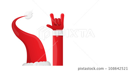 Merry christmas horizontal banner with Santa Claus rock n roll style and santa red hat isolated on white background. Merry Christmas hipster Rock n roll party poster or flyer design template. Merry christmas horizontal banner with Santa Claus rock n roll style and santa red hat isolated on white background. Merry Christmas hipster Rock n roll party poster or flyer design template. 108642521