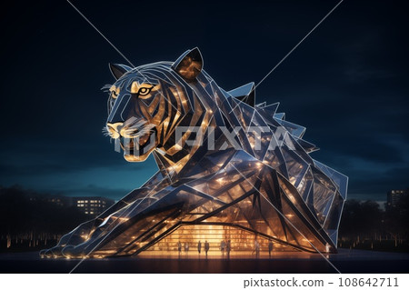 Tiger shape illuminated building at night illustration 108642711