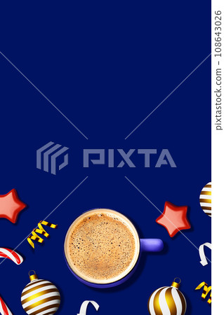 Christmas coffee cup foam blue background ornaments candy cane website banner design copy space. Cappuccino Cocoa Latte Christmas coffee cup foam blue background ornaments candy cane website banner design copy space. Cappuccino Cocoa Latte 108643026