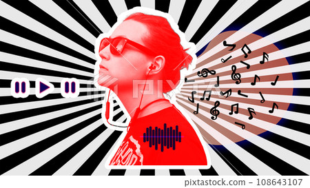 Young woman headphones social media ad creative digital art collage red sunburst background. Listen to music play sound 108643107