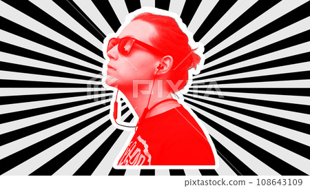 Young woman headphones social media ad creative digital art collage red sunburst background. Listen to music play sound 108643109