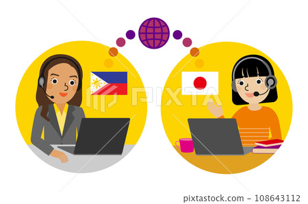 Illustration of a Japanese female student and a Filipino female instructor having a conversation online Illustration of a Japanese female student and a Filipino female instructor having a conversation online 108643112