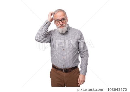 stylish gray-haired mature businessman with a beard and mustache in a shirt and trousers 108643570