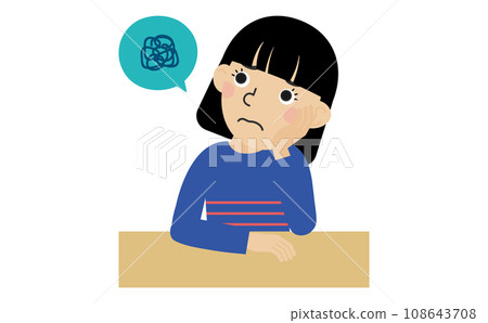 A black-haired Japanese woman wearing long-sleeved clothes is in trouble in front of her desk. 108643708