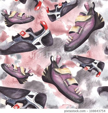 Climbing boulder shoes, different colours and sizes, seamless pattern Sport watercolor illustration hand draw isolated, white background with aquarelle splashes Repeating print for wrapping, wallpaper Climbing boulder shoes, different colours and sizes, seamless pattern Sport watercolor illustration hand draw isolated, white background with aquarelle splashes Repeating print for wrapping, wallpaper 108643754