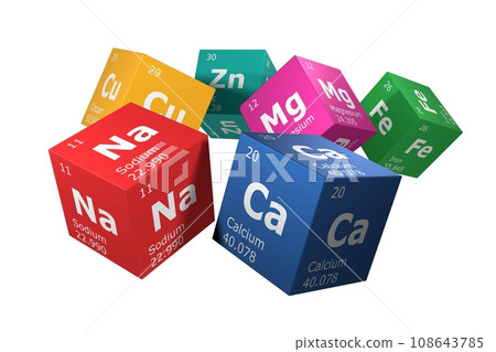 3D rendering of the elements of the periodic table, sodium, calcium, zinc, magnesium, iron and copper. Education, science, technology and engineering background. 3D illustration 3D rendering of the elements of the periodic table, sodium, calcium, zinc, magnesium, iron and copper. Education, science, technology and engineering background. 3D illustration 108643785