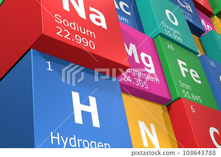 3D rendering of cubes of the elements of the periodic table, sodium, hydrogen, oxygen and nitrogen. Science, technology and engineering. 3D illustration 108643788