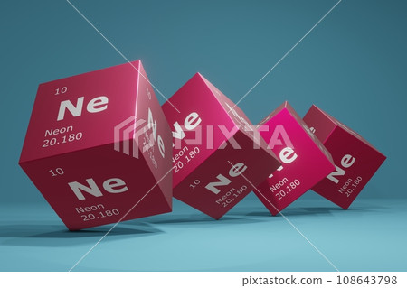 3D rendering of neon, chemical element of the periodic table. Education, science and technology background. 3D illustration 3D rendering of neon, chemical element of the periodic table. Education, science and technology background. 3D illustration 108643798