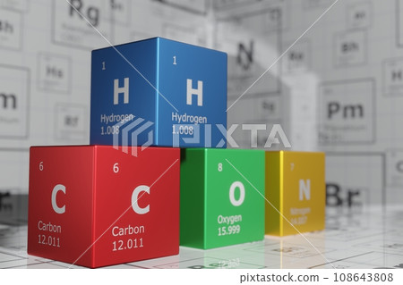 3D rendering of cubes of the elements of the periodic table, carbon, hydrogen, oxygen and nitrogen. Science, technology and engineering. 3D illustration 3D rendering of cubes of the elements of the periodic table, carbon, hydrogen, oxygen and nitrogen. Science, technology and engineering. 3D illustration 108643808