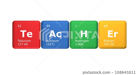 3D rendering of cubes of the elements of the periodic table, tellurium, actinium, hydrogen and erbium forming the word teacher. Science, technology and engineering. 3D illustration 3D rendering of cubes of the elements of the periodic table, tellurium, actinium, hydrogen and erbium forming the word teacher. Science, technology and engineering. 3D illustration 108643811