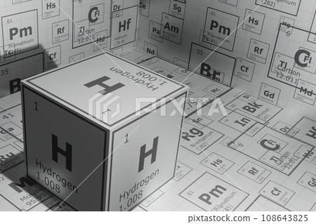 3d background of the elements of the periodic table, hydrogen, background for education, science, technology and engineering 3d background of the elements of the periodic table, hydrogen, background for education, science, technology and engineering 108643825