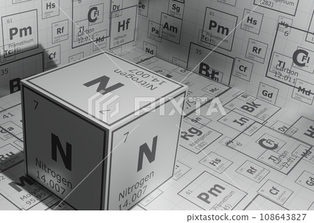 3d background of the elements of the periodic table, nitrogen, background for education, science, technology and engineering 3d background of the elements of the periodic table, nitrogen, background for education, science, technology and engineering 108643827