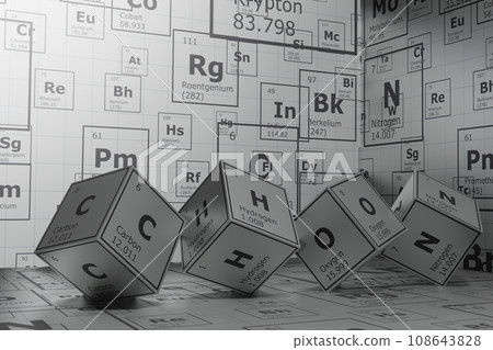Background of 3d cubes of the elements of the periodic table, carbon, hydrogen, oxygen and nitrogen, background for education, science, technology and engineering Background of 3d cubes of the elements of the periodic table, carbon, hydrogen, oxygen and nitrogen, background for education, science, technology and engineering 108643828