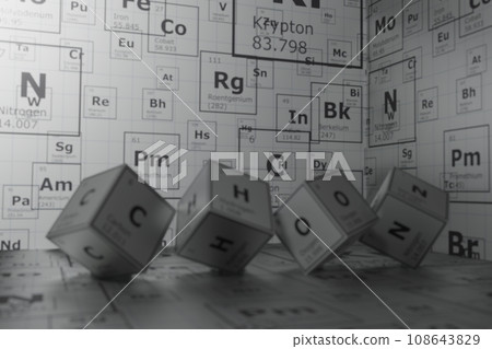Background of 3d chemistry cubes of the elements of the periodic table, carbon, hydrogen, oxygen and nitrogen, background for education, science, technology and engineering 108643829