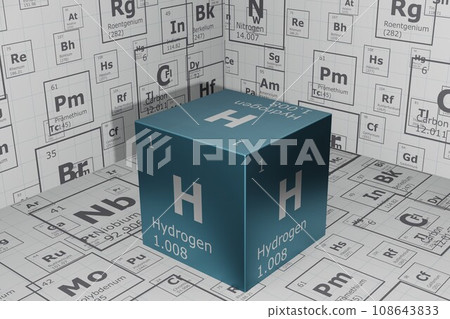 3D rendering of the elements of the periodic table, hydrogen, background for education, science, technology and engineering. 3D illustration 108643833