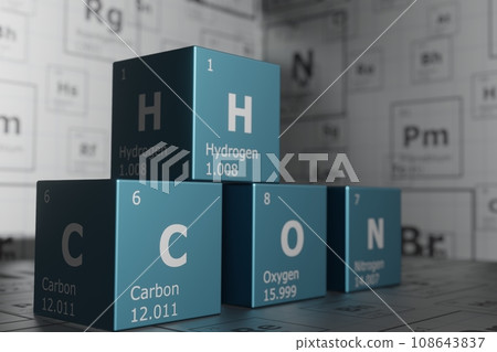 3D rendering of the elements of the periodic table, carbon, hydrogen, oxygen and nitrogen, science and engineering background. 3D illustration 3D rendering of the elements of the periodic table, carbon, hydrogen, oxygen and nitrogen, science and engineering background. 3D illustration 108643837