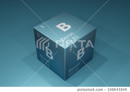 Boron, 3D rendering of symbols of the elements of the periodic table, atomic number, atomic weight, name and symbol. Education, science and technology. 3D illustration 108643849